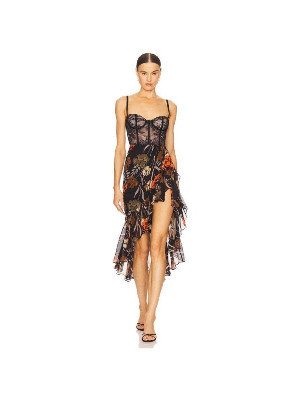Katie May Take A Sip Dress S Black 70s Floral Slit Sheer Corset Ruffle